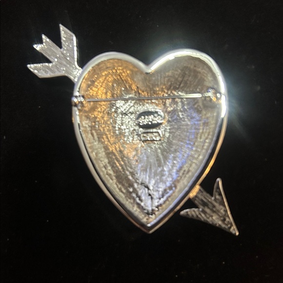 Bob Mackie Red Heart Brooch, Silver tone Arrow about 2.5 in tall, 2.5 in wide - Picture 3 of 7